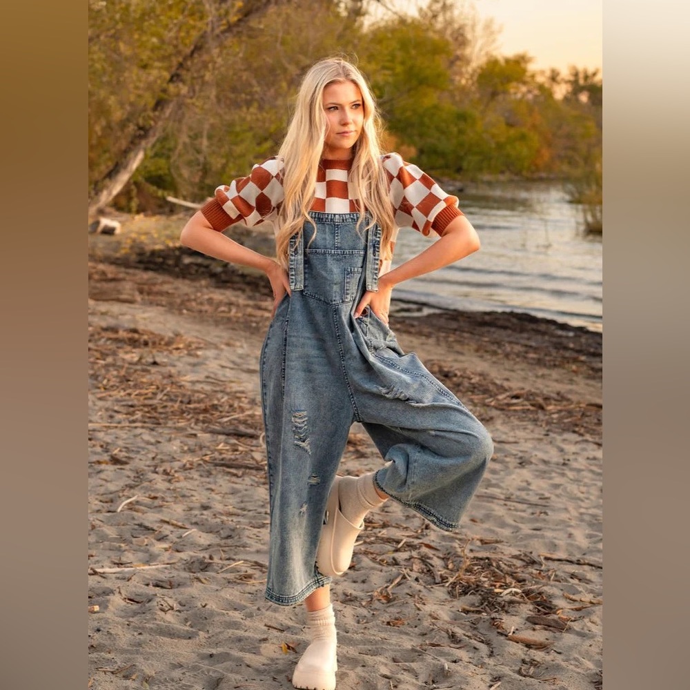 NWT Distressed Wide Leg Denim Overalls